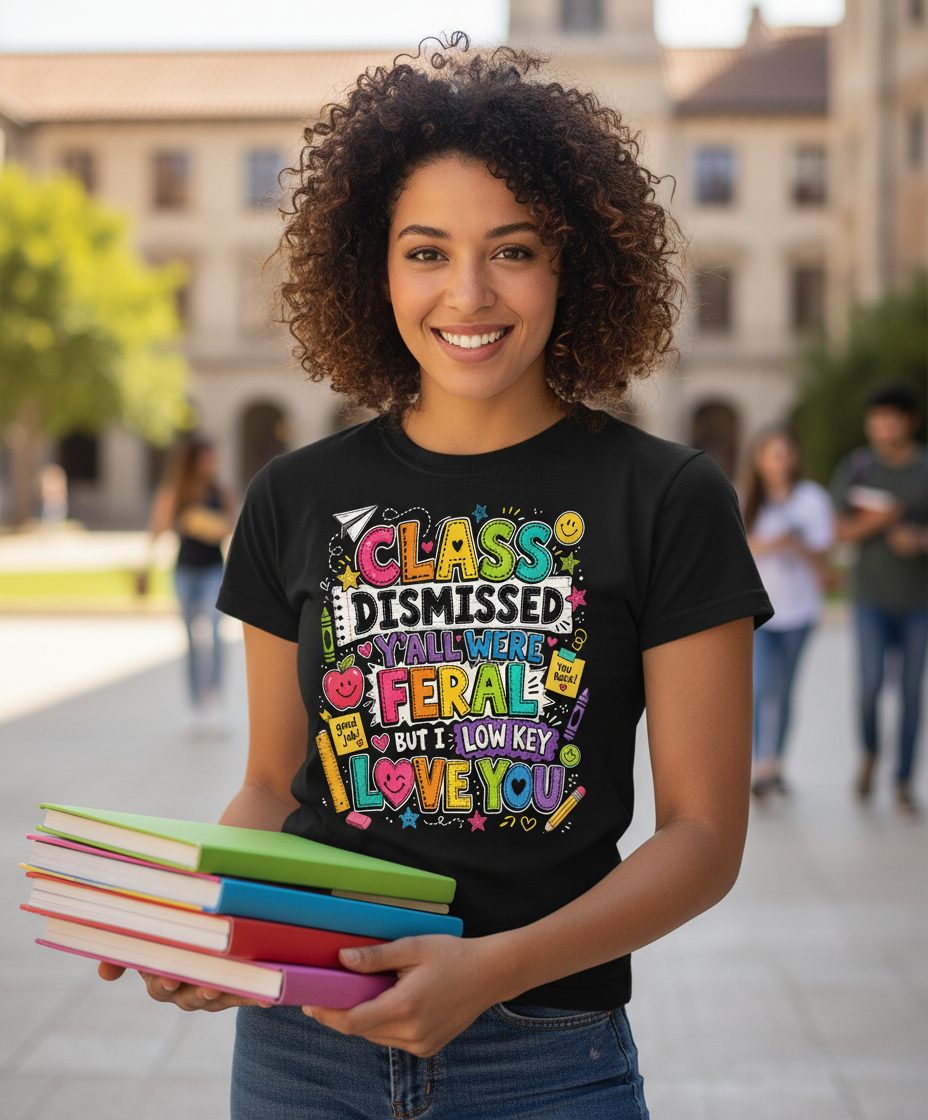 Class Dismissed Y'all Were Feral but I Low Key Love You T-Shirt - lifestyle model mockup - Black