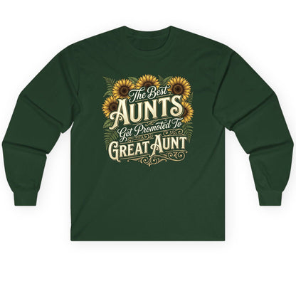 The Best AUNTS Get Promoted to GREAT AUNT Retro Long Sleeve Tee - product mockup - Forest Green