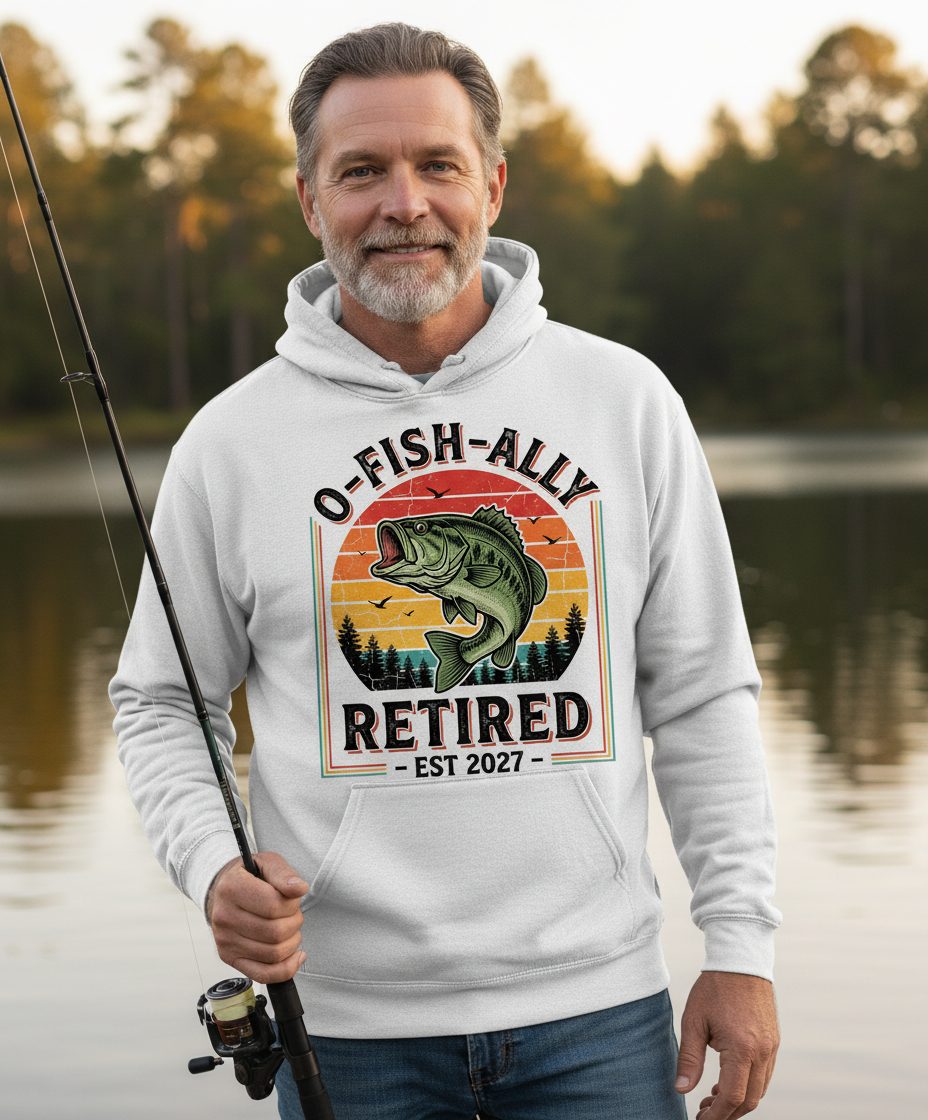 O-Fish-Ally Retired EST 2027 Funny Fishing Hoodie - lifestyle model mockup - White