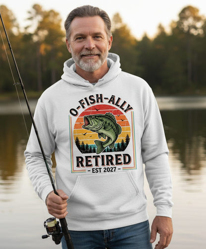 O-Fish-Ally Retired EST 2027 Funny Fishing Hoodie - lifestyle model mockup - White