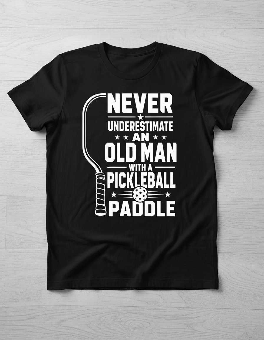 Never Underestimate An Old Man With A Pickleball Paddle T-Shirt - Black