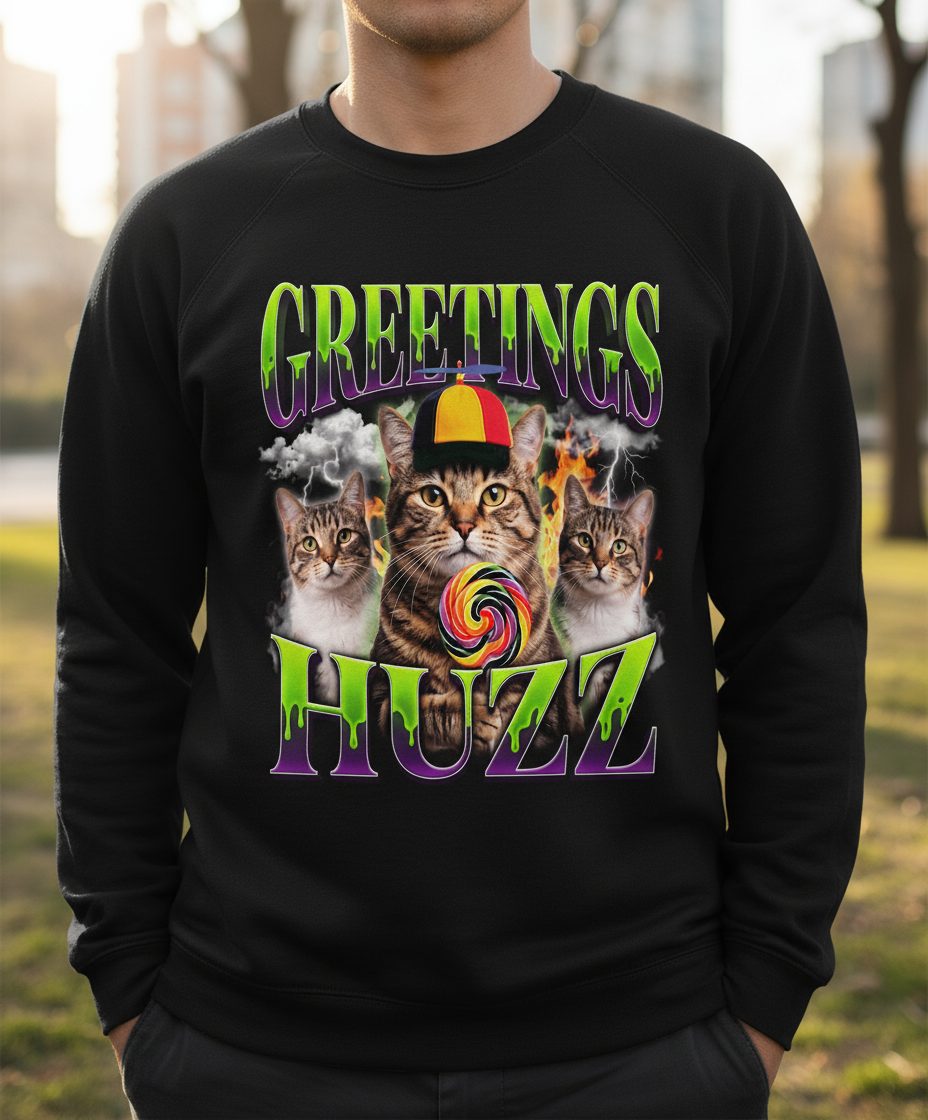 Greetings HUZZ Funny Cat Sweatshirt - lifestyle model mockup - Black