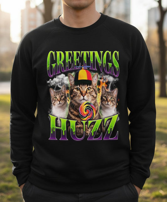 Greetings HUZZ Funny Cat Sweatshirt - lifestyle model mockup - Black