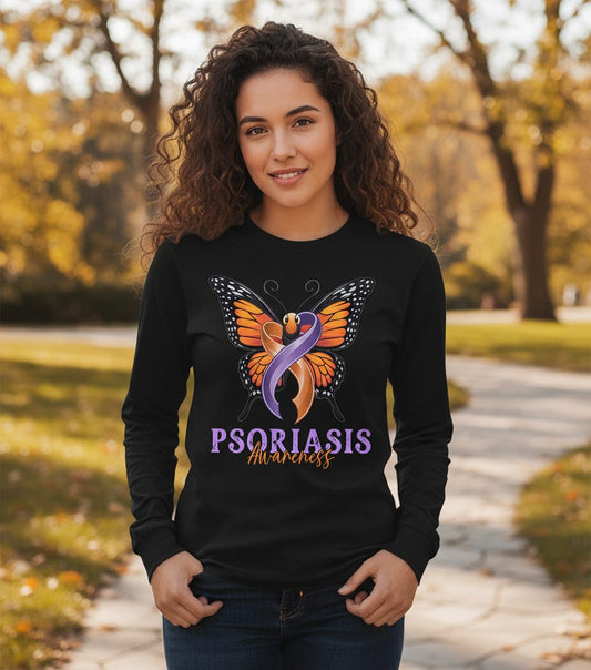 Psoriasis Awareness psoriasis awareness Long Sleeve Tee Black lifestyle mockup