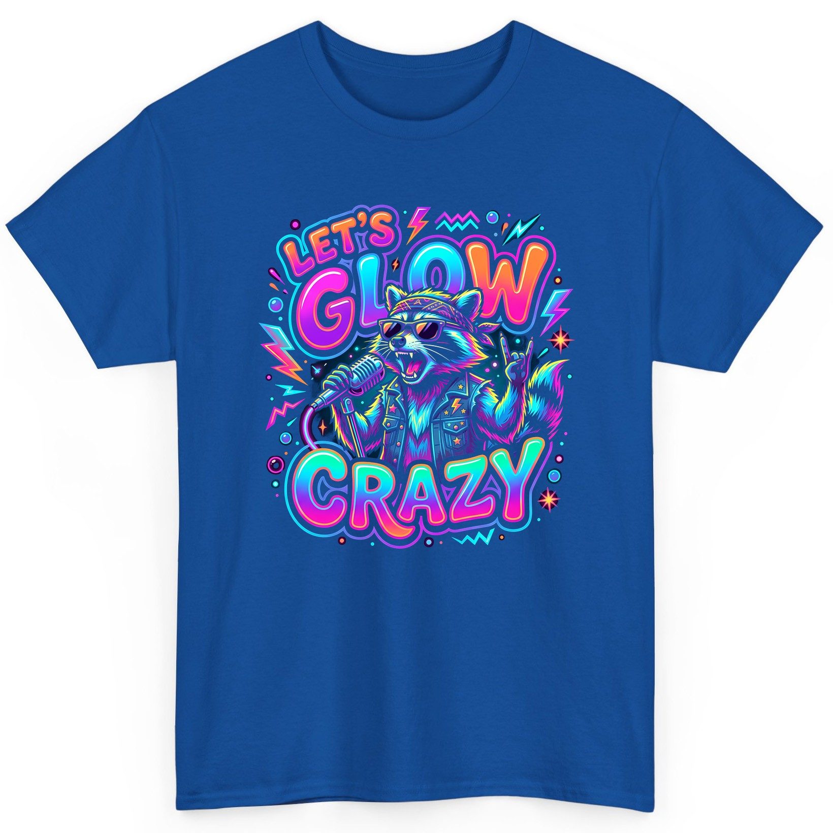 Let's Glow Crazy Funny Rockstar Raccoon T-Shirt - product mockup - Royal