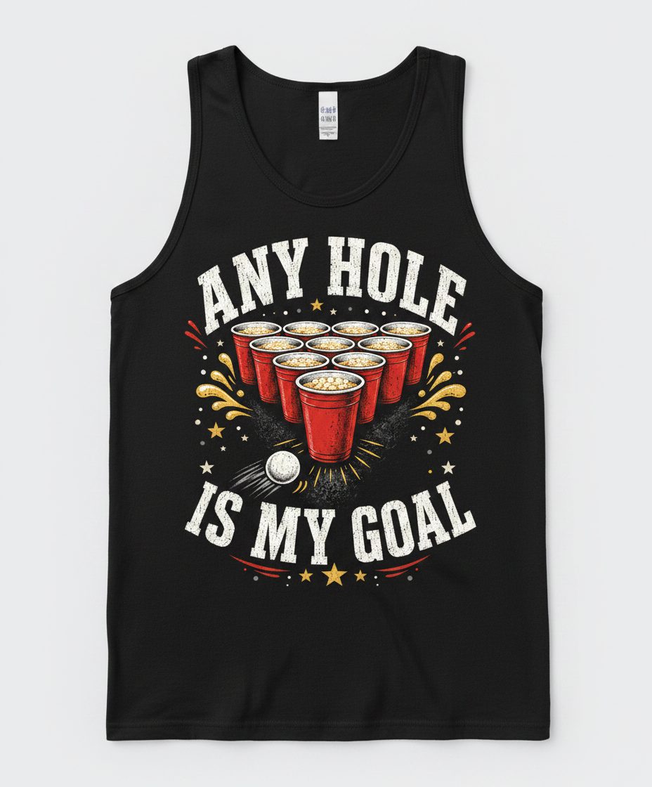 Any Hole Is My Goal Funny Beer Pong Tank Top - product mockup - Black