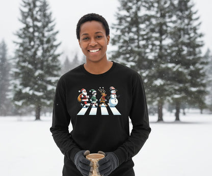 Christmas Abbey Road Parody Christmas abbey road parody Long Sleeve Tee Black lifestyle mockup