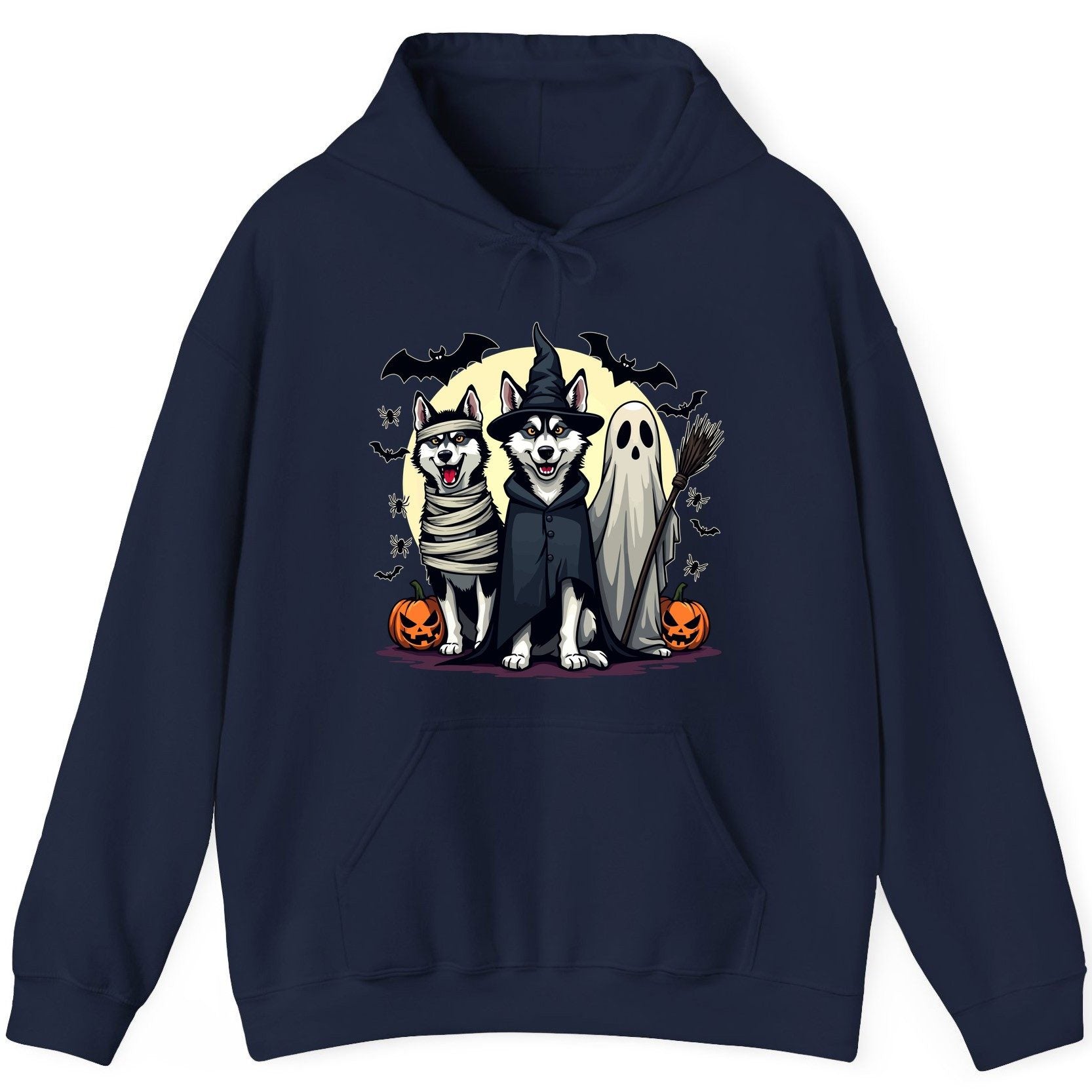 Halloween Huskies in Costumes Halloween huskies Hoodie Navy product mockup