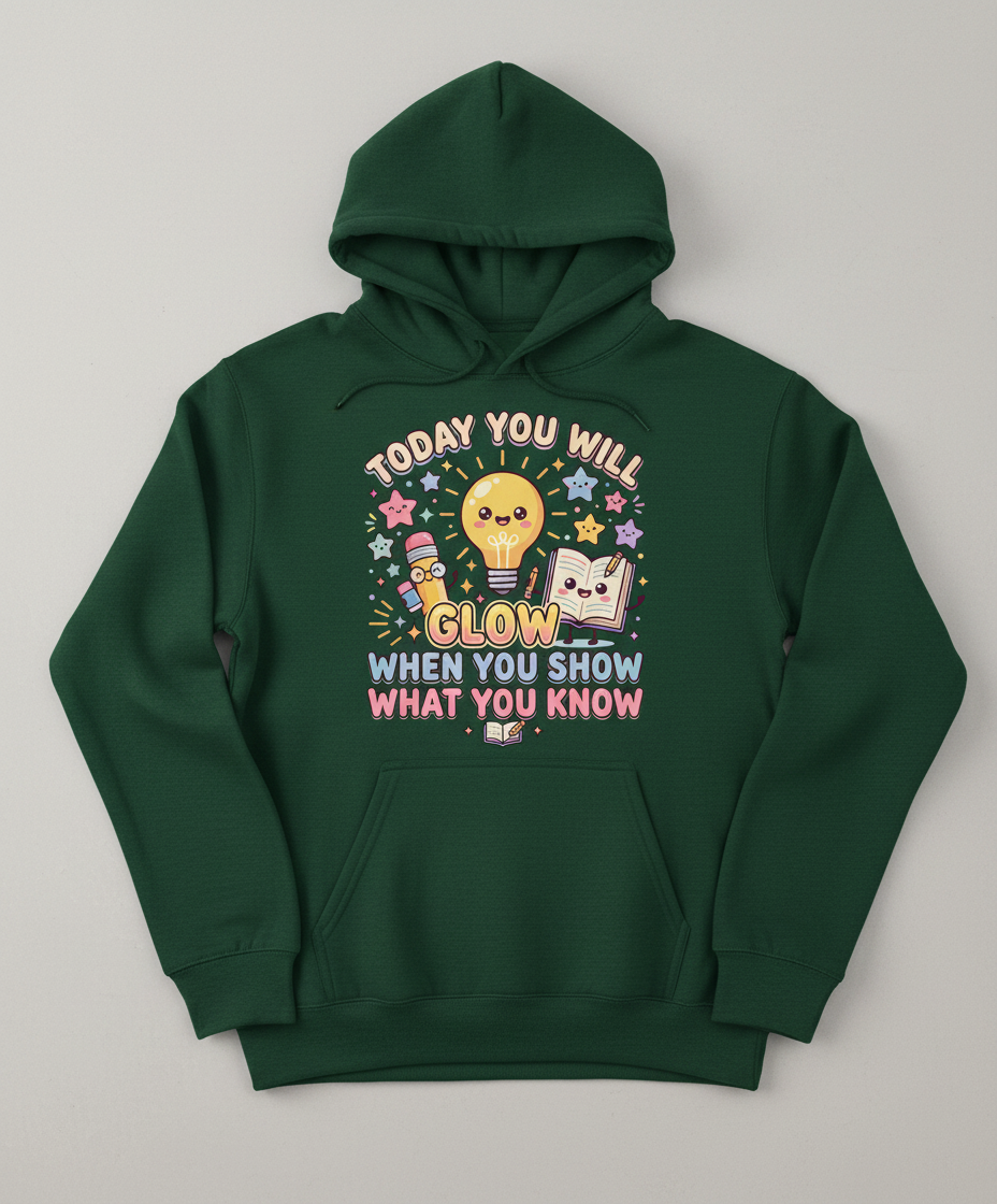 Kawaii School Characters 'Today You Will Glow' Motivational Design Hoodie - Forest Green