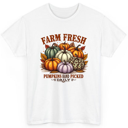 Farm Fresh Pumpkins Hand Picked Daily autumn pumpkins T-Shirt White product mockup