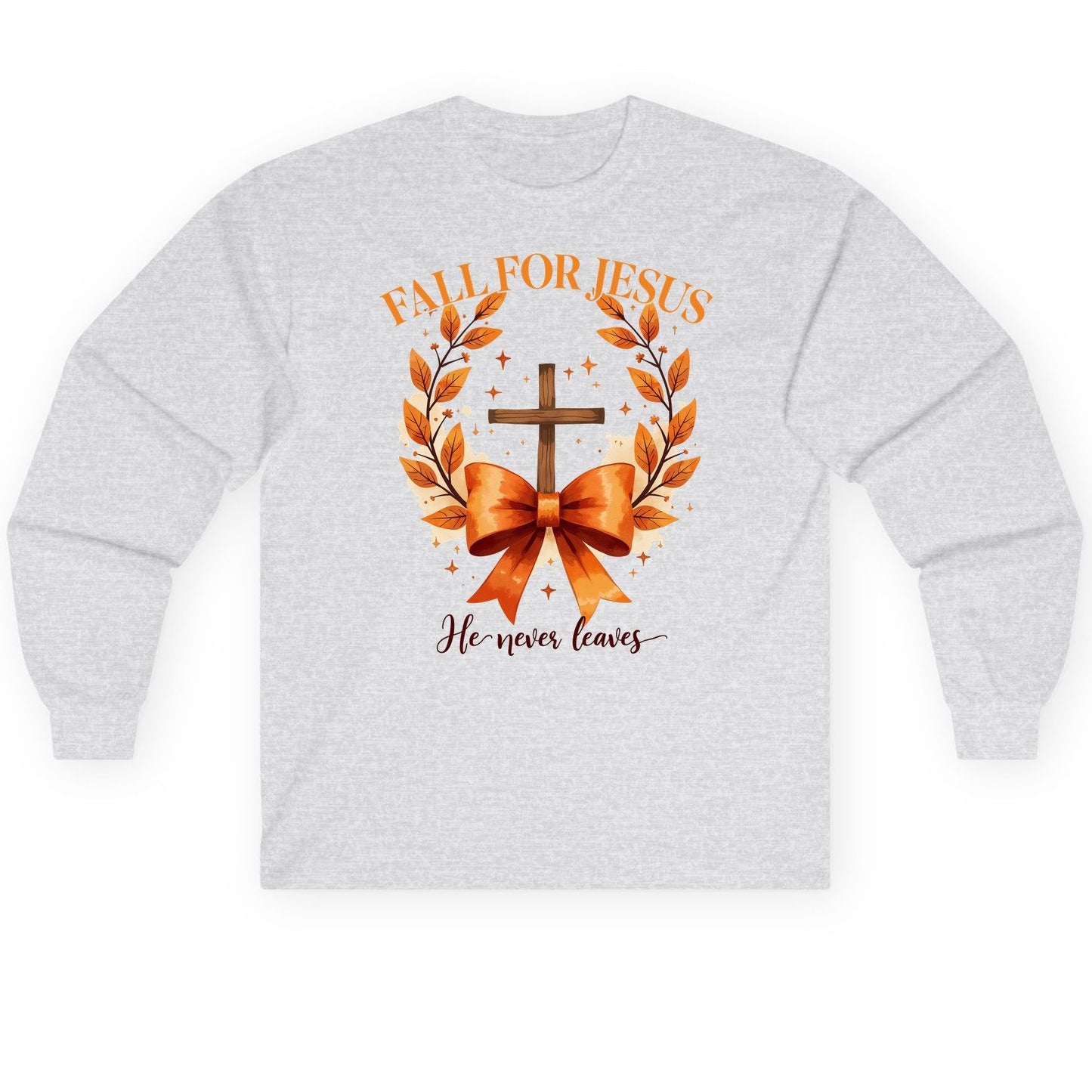 Fall for Jesus He Never Leaves christian faith Long Sleeve Tee Ash product mockup