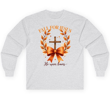 Fall for Jesus He Never Leaves christian faith Long Sleeve Tee Ash product mockup