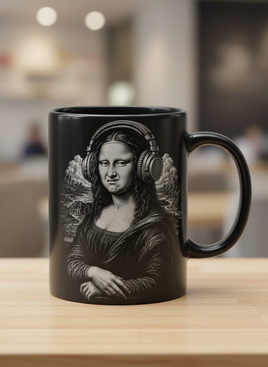 Disgusted Mona Lisa Headphones Funny Art Parody Black Mug - product mockup - Black