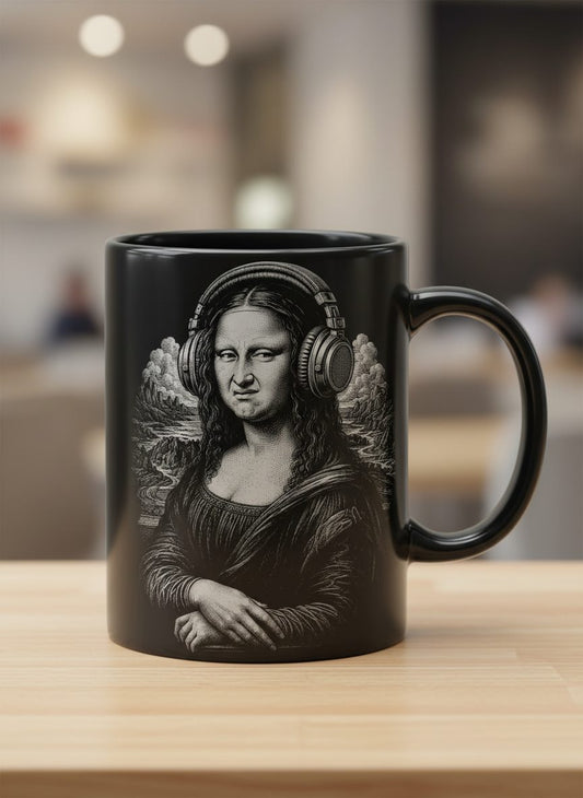 Disgusted Mona Lisa Headphones Funny Art Parody Black Mug - product mockup - Black