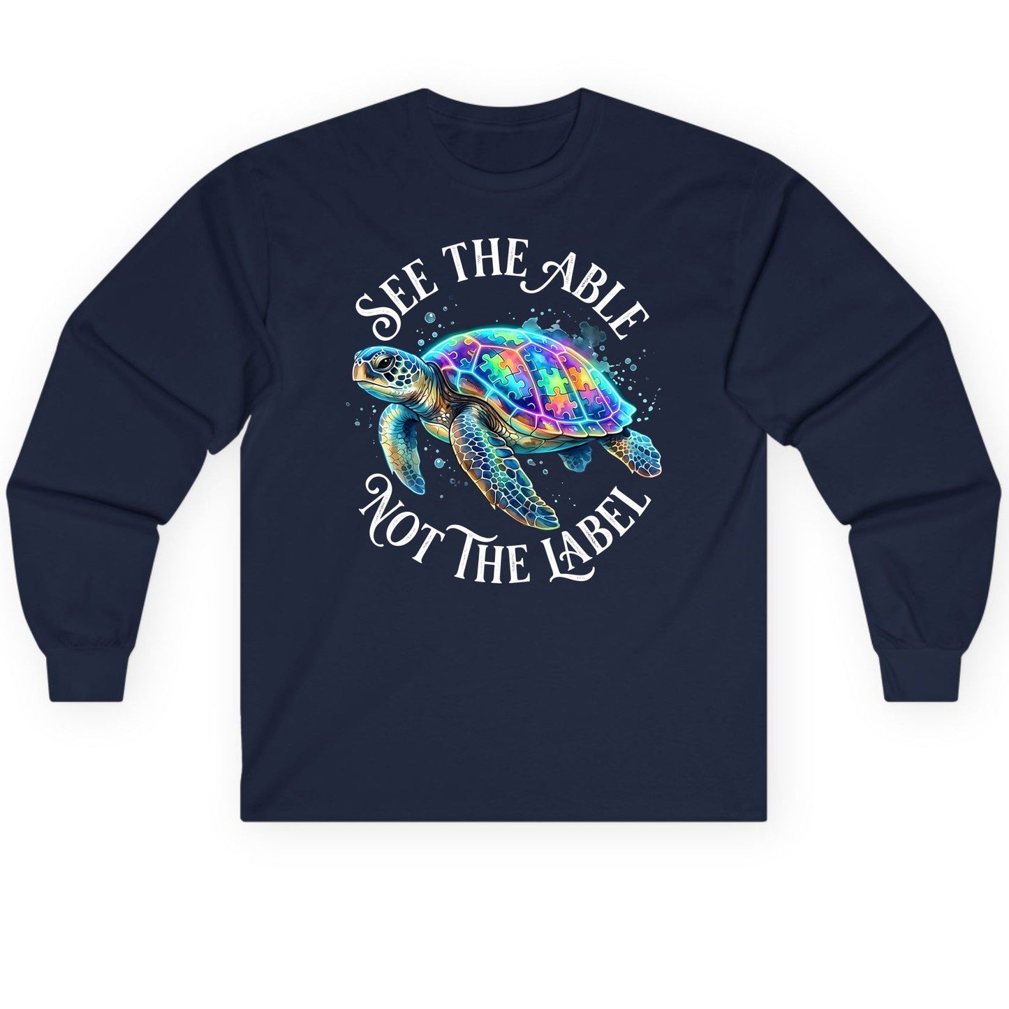See the Able Not the Label Autism Awareness Long Sleeve Tee - product mockup - Navy