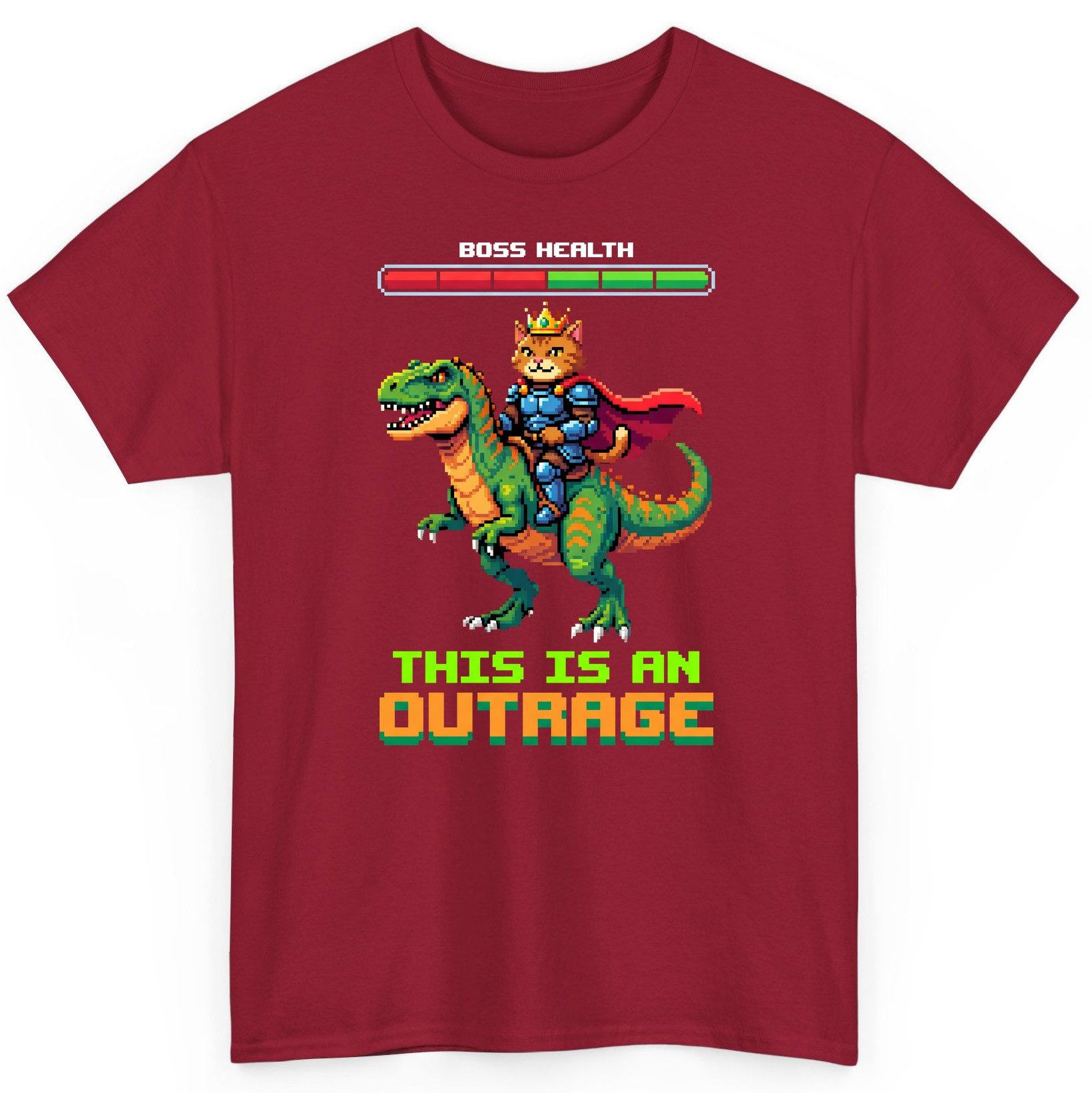 THIS IS AN OUTRAGE Cat riding a dinosaur T-Shirt Cardinal Red product mockup