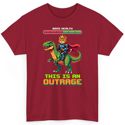 THIS IS AN OUTRAGE Cat riding a dinosaur T-Shirt Cardinal Red product mockup