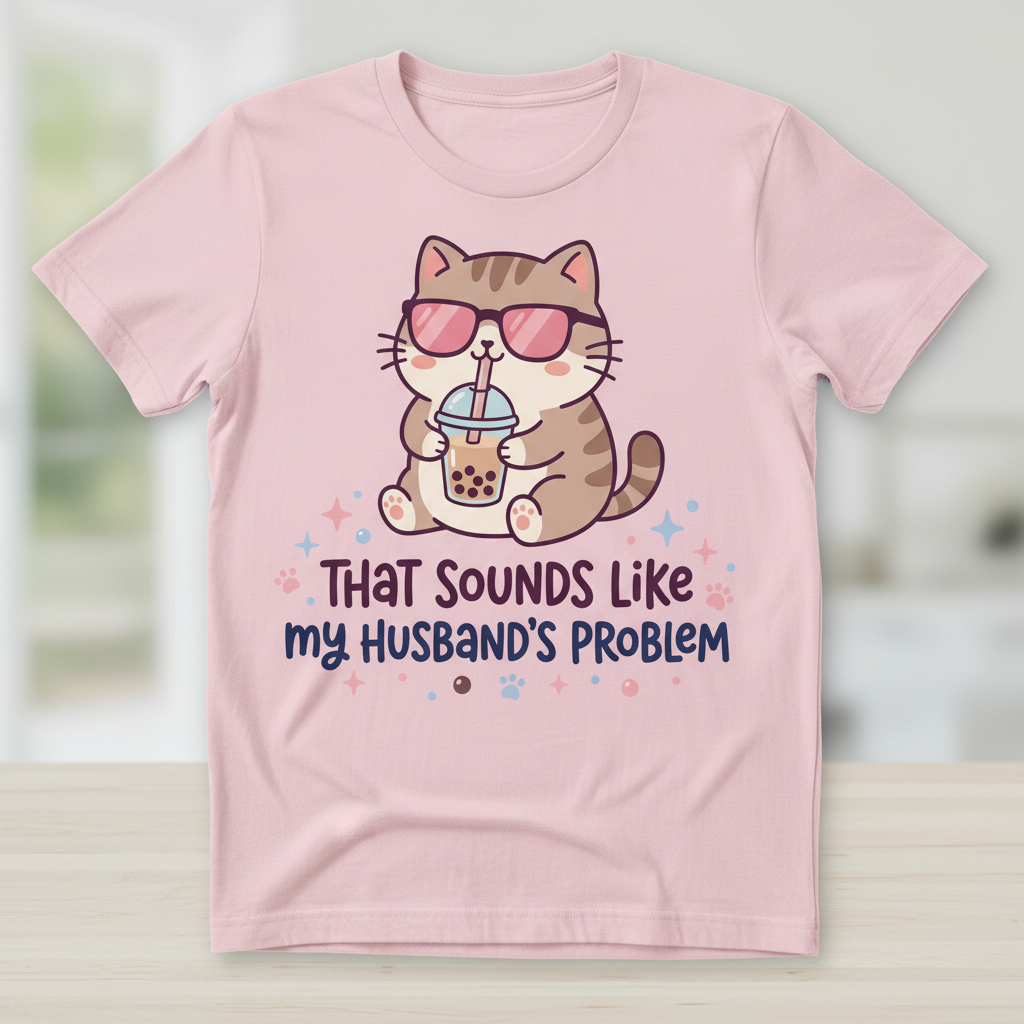 That Sounds Like My Husband's Problem Cat with Boba Tea T-Shirt - Light Pink