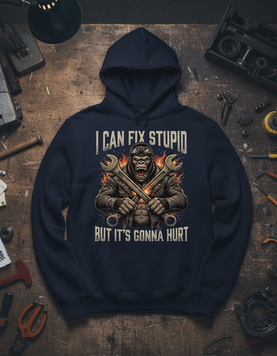 I Can Fix Stupid Gorilla Mechanic Biker Design Hoodie - Navy