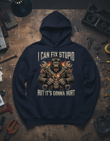 I Can Fix Stupid Gorilla Mechanic Biker Design Hoodie - Navy