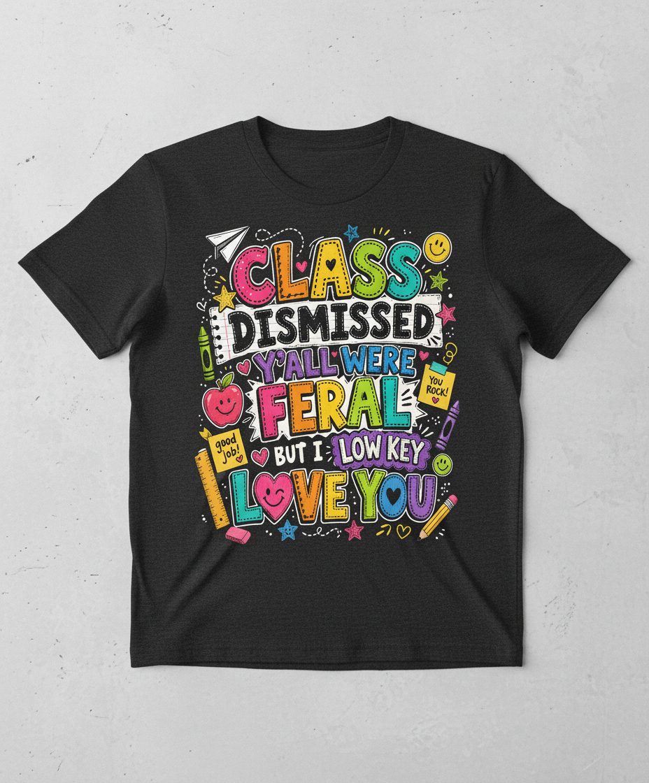 Class Dismissed Y'all Were Feral but I Low Key Love You T-Shirt - product mockup - Dark Heather