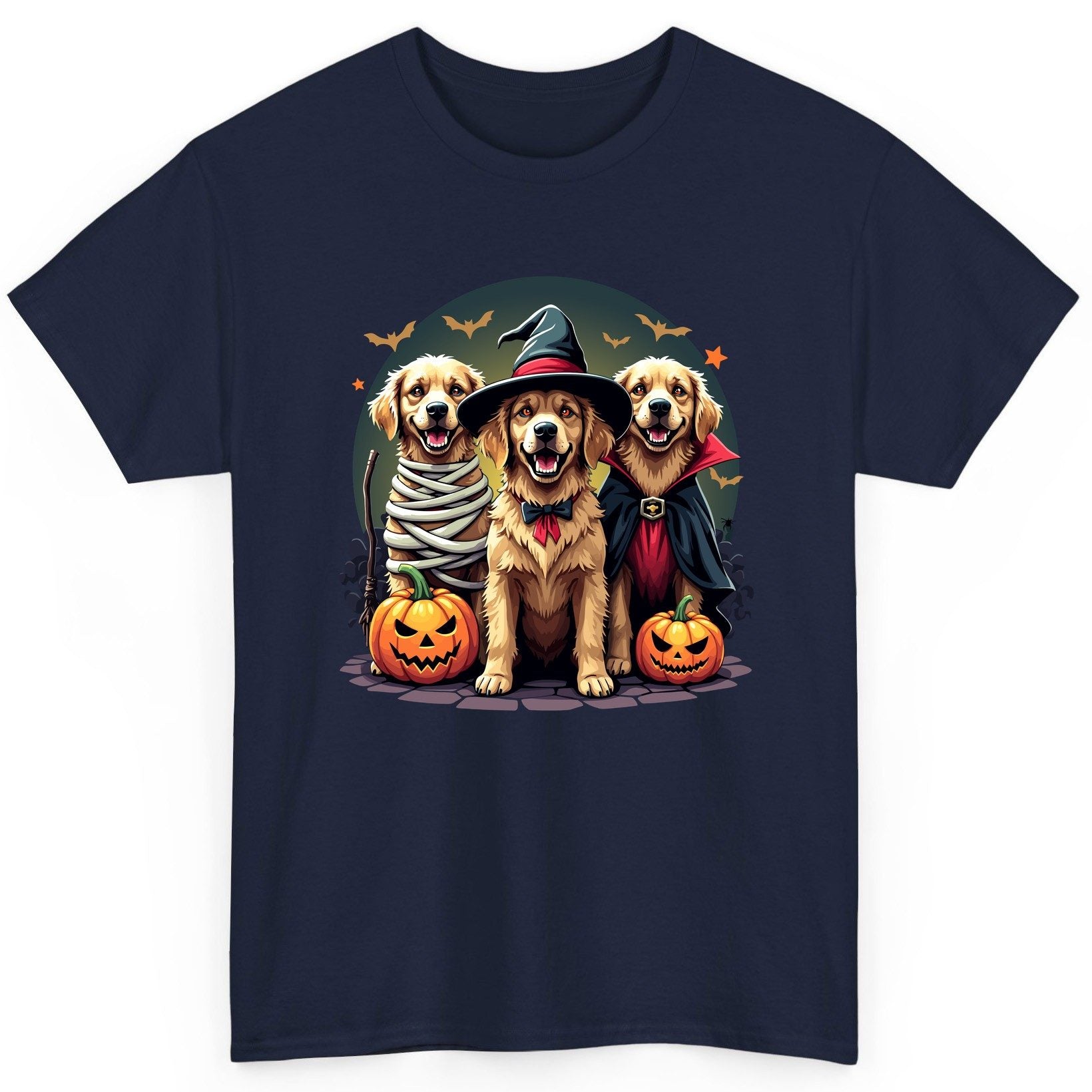 Golden Retriever Halloween Trio golden retriever T-Shirt Navy product mockup