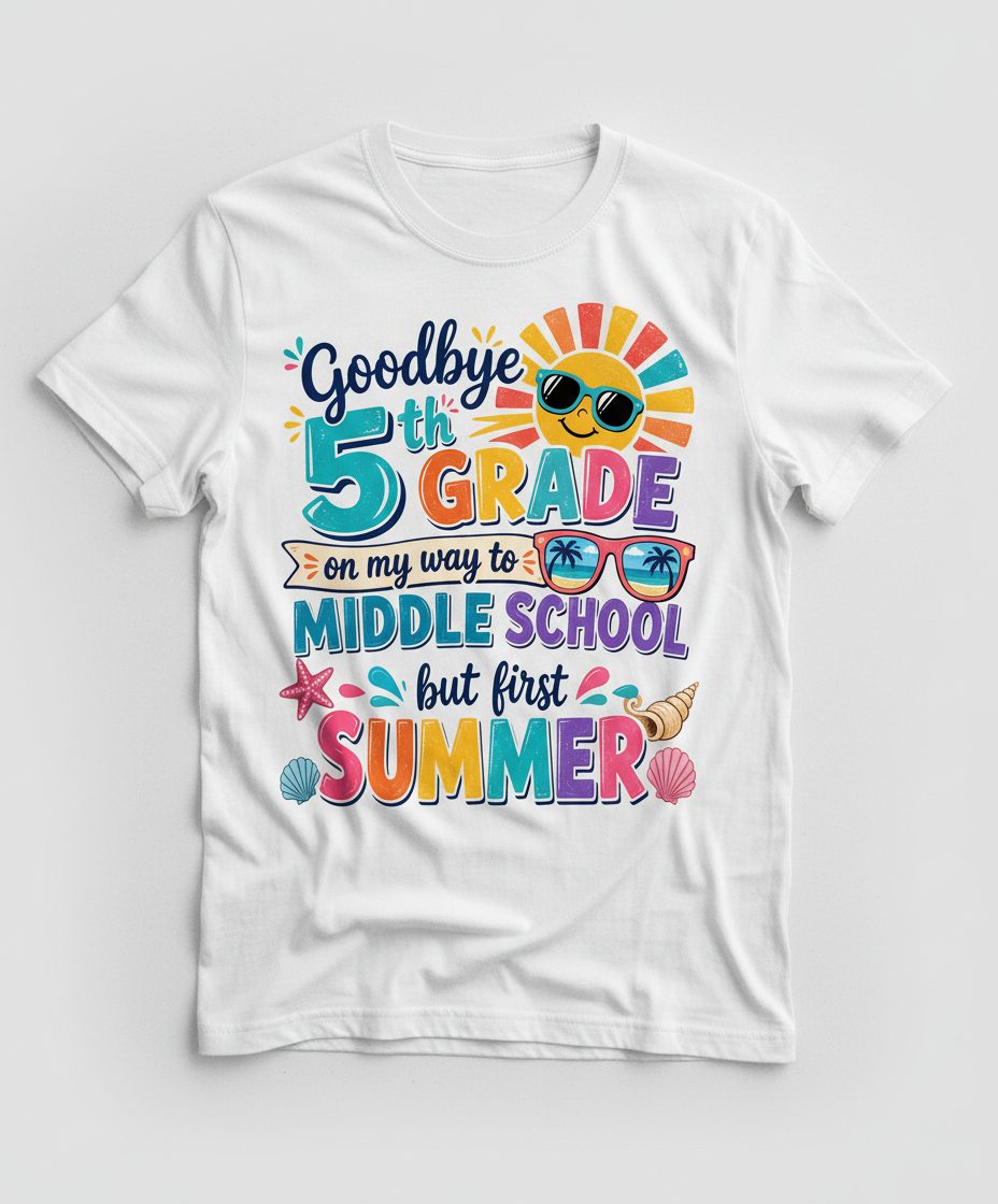 Goodbye 5th GRADE on My Way to MIDDLE SCHOOL but First SUMMER T-Shirt - product mockup - White