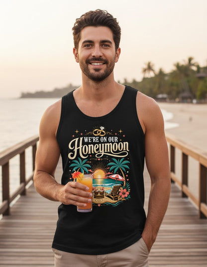 We're on Our Honeymoon Retro Newlyweds Tank Top - lifestyle model mockup - Black