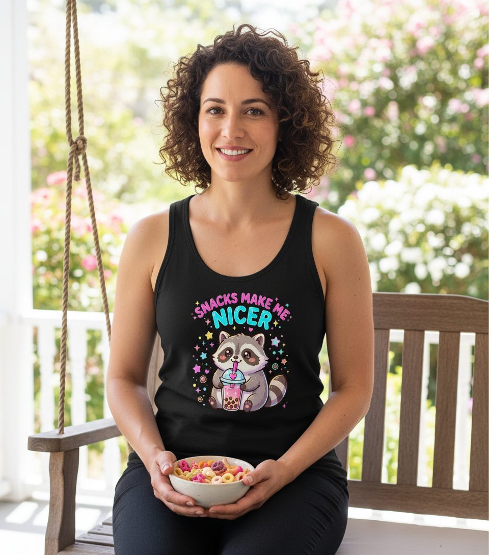 SNACKS MAKE ME NICER Funny Raccoon Tank Top - lifestyle model mockup - Black
