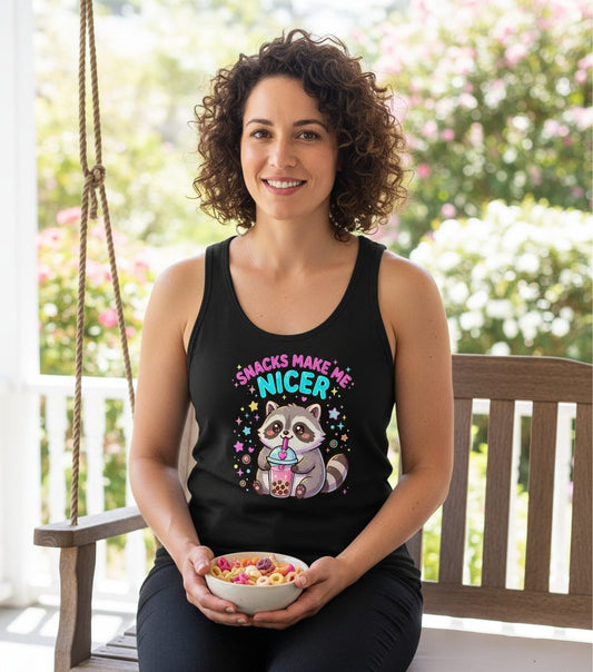 SNACKS MAKE ME NICER Funny Raccoon Tank Top - lifestyle model mockup - Black