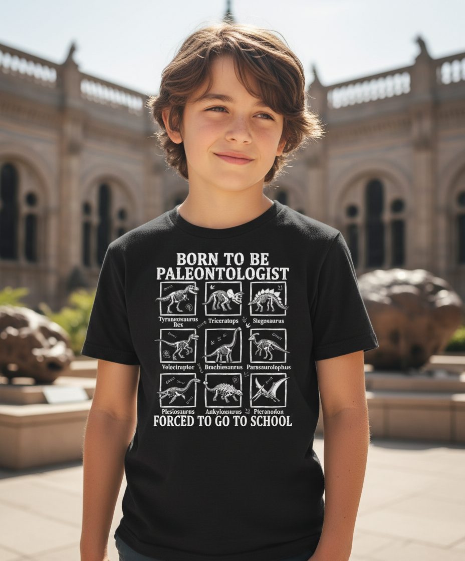 Born to Be Paleontologist Forced to Go to School dinosaurs Youth T-Shirt Black lifestyle mockup