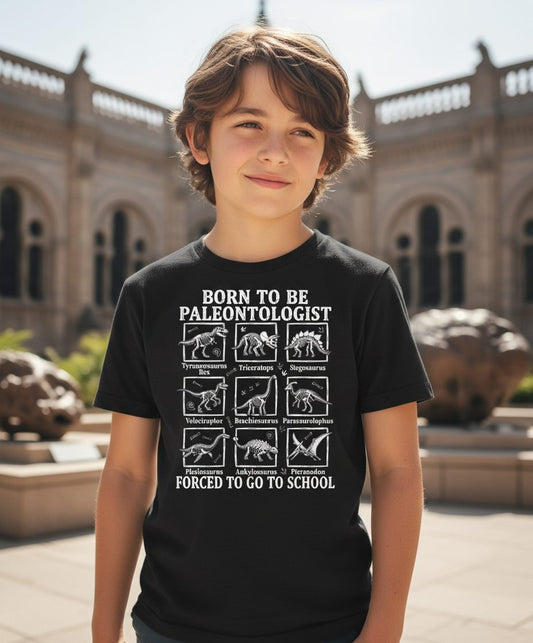 Born to Be Paleontologist Forced to Go to School dinosaurs Youth T-Shirt Black lifestyle mockup
