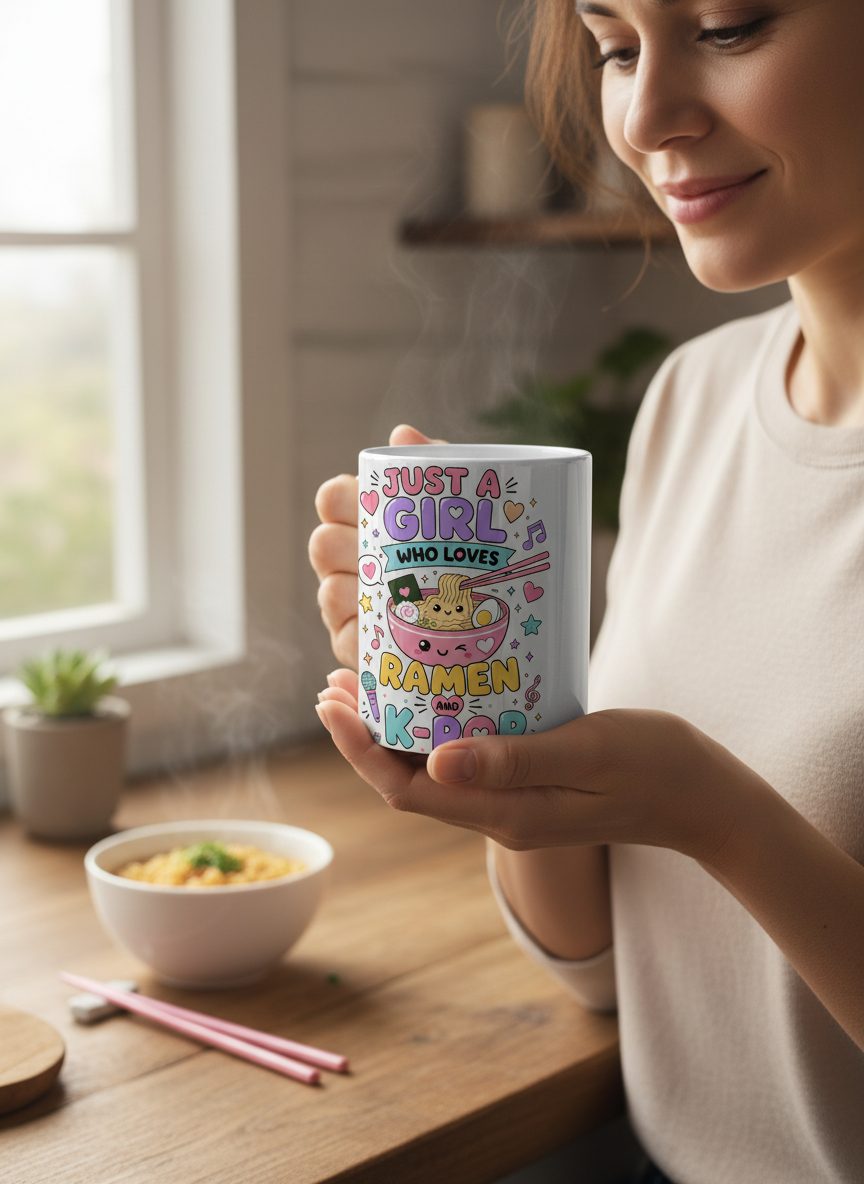 Just a Girl Who Loves Ramen and K-Pop Fans White Mug - lifestyle model mockup - White