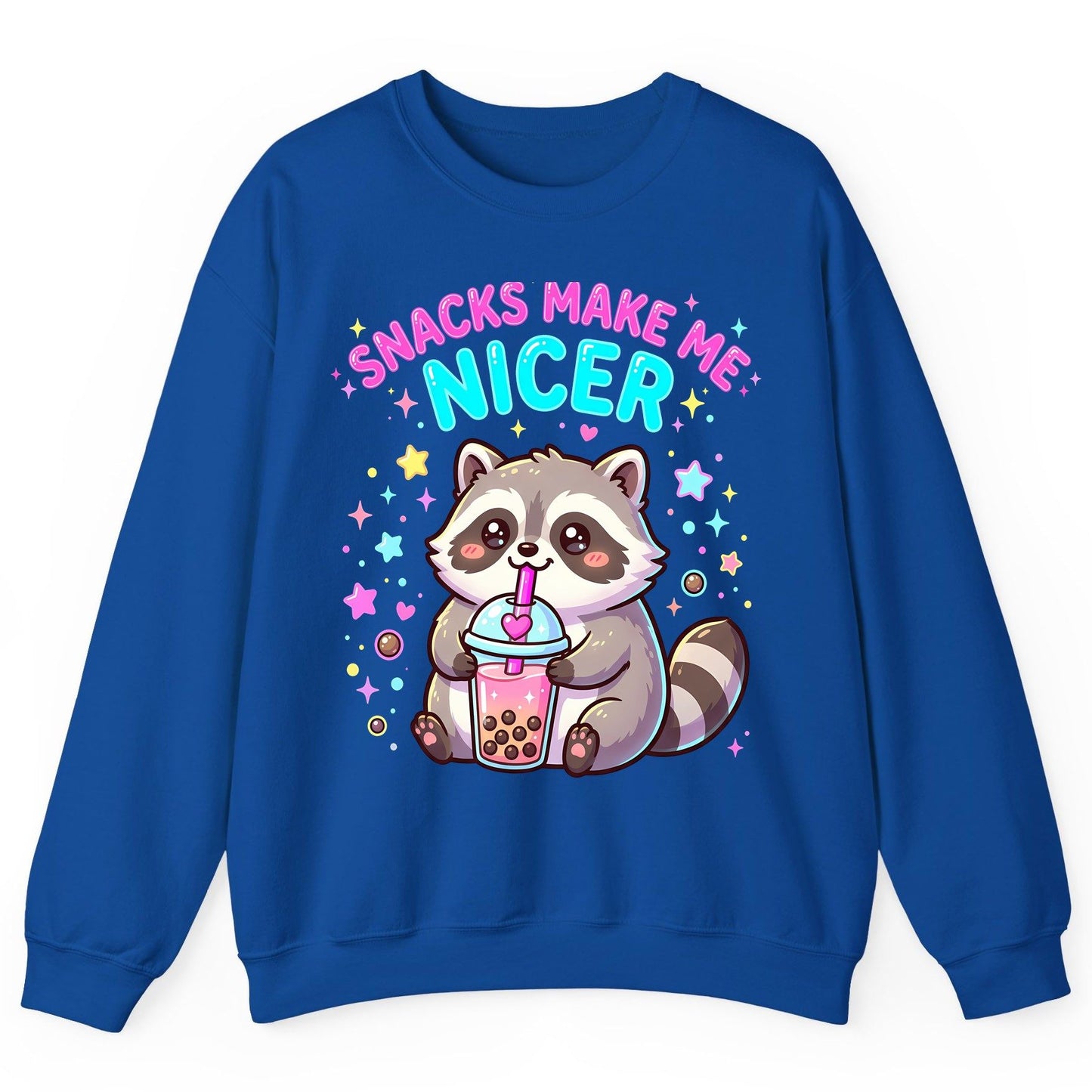 SNACKS MAKE ME NICER Funny Raccoon Sweatshirt - product mockup - Royal