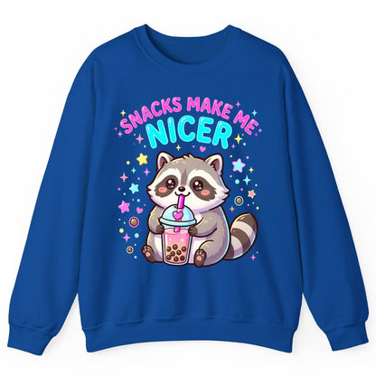 SNACKS MAKE ME NICER Funny Raccoon Sweatshirt - product mockup - Royal