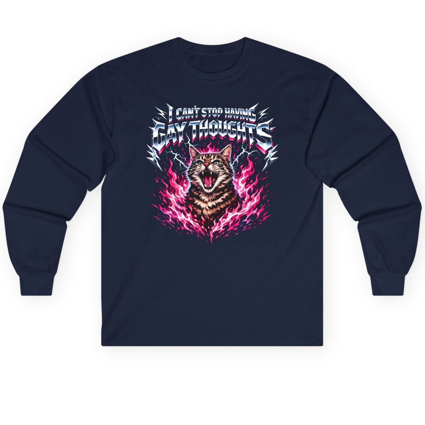 I Can't Stop Having Gay Thoughts cat Long Sleeve Tee Navy product mockup
