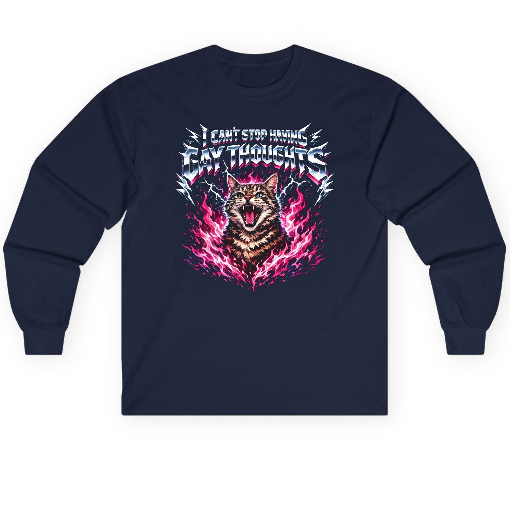 I Can't Stop Having Gay Thoughts cat Long Sleeve Tee Navy product mockup