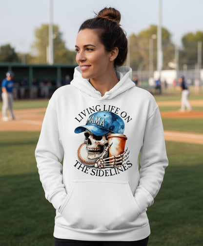 Living Life on the Sidelines Mama baseball mom Hoodie White lifestyle mockup