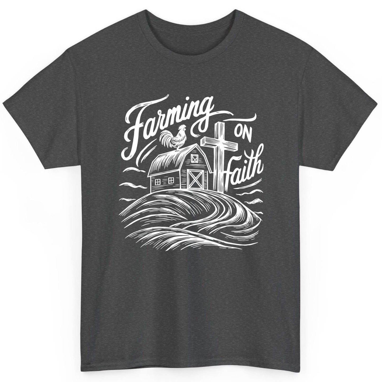 Farming on Faith christian farming T-Shirt Dark Heather product mockup
