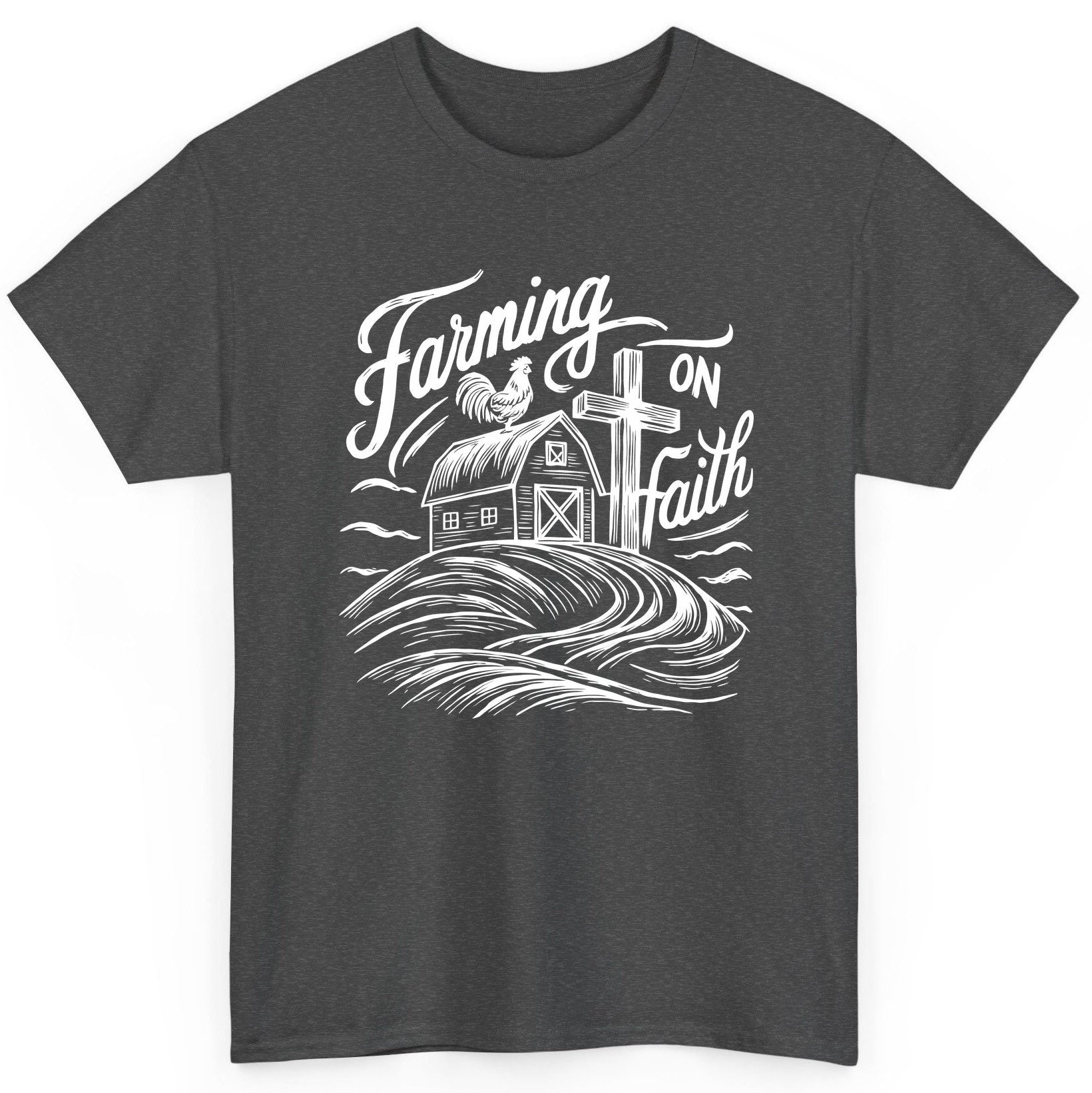 Farming on Faith christian farming T-Shirt Dark Heather product mockup