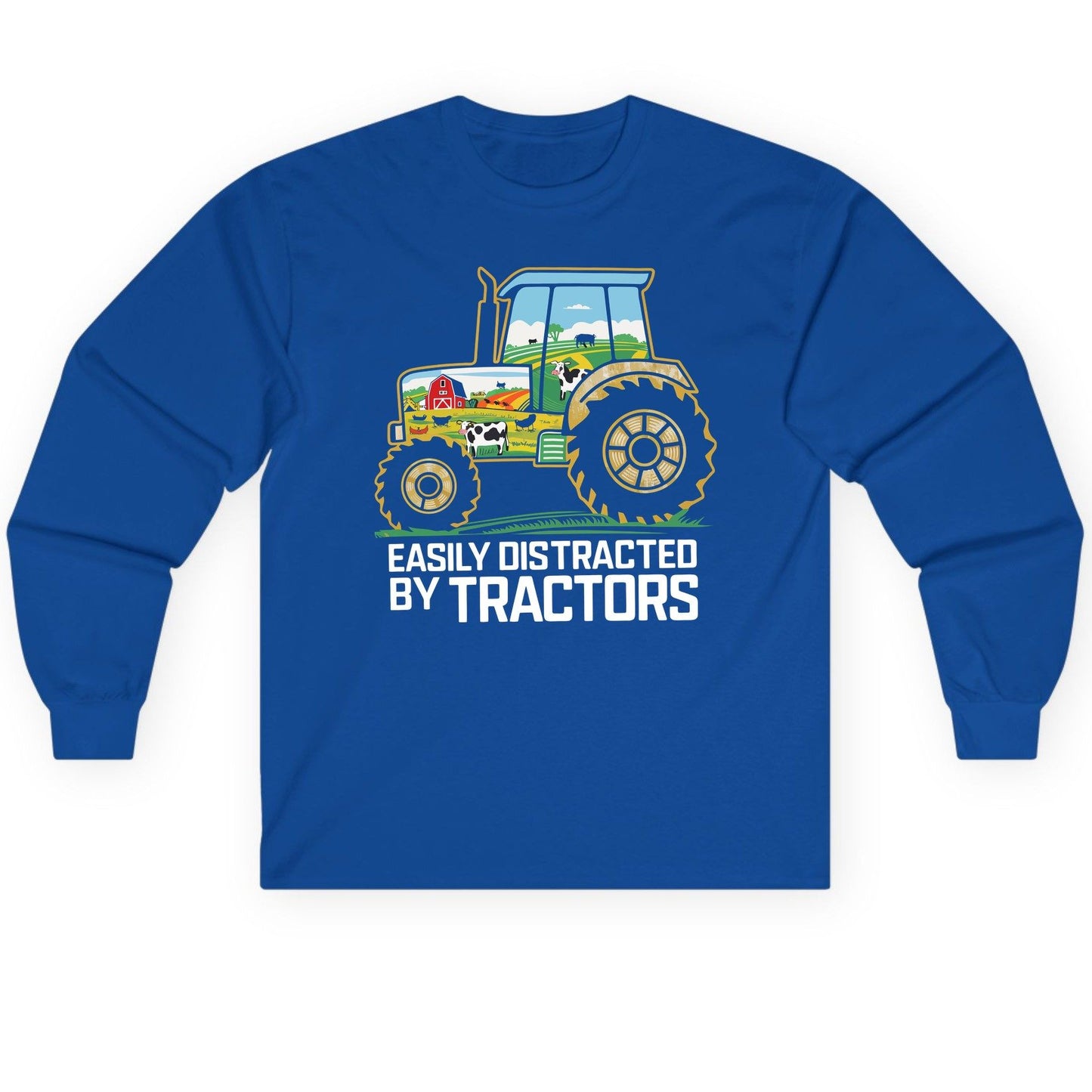 Easily Distracted by Tractors farming Long Sleeve Tee Royal product mockup