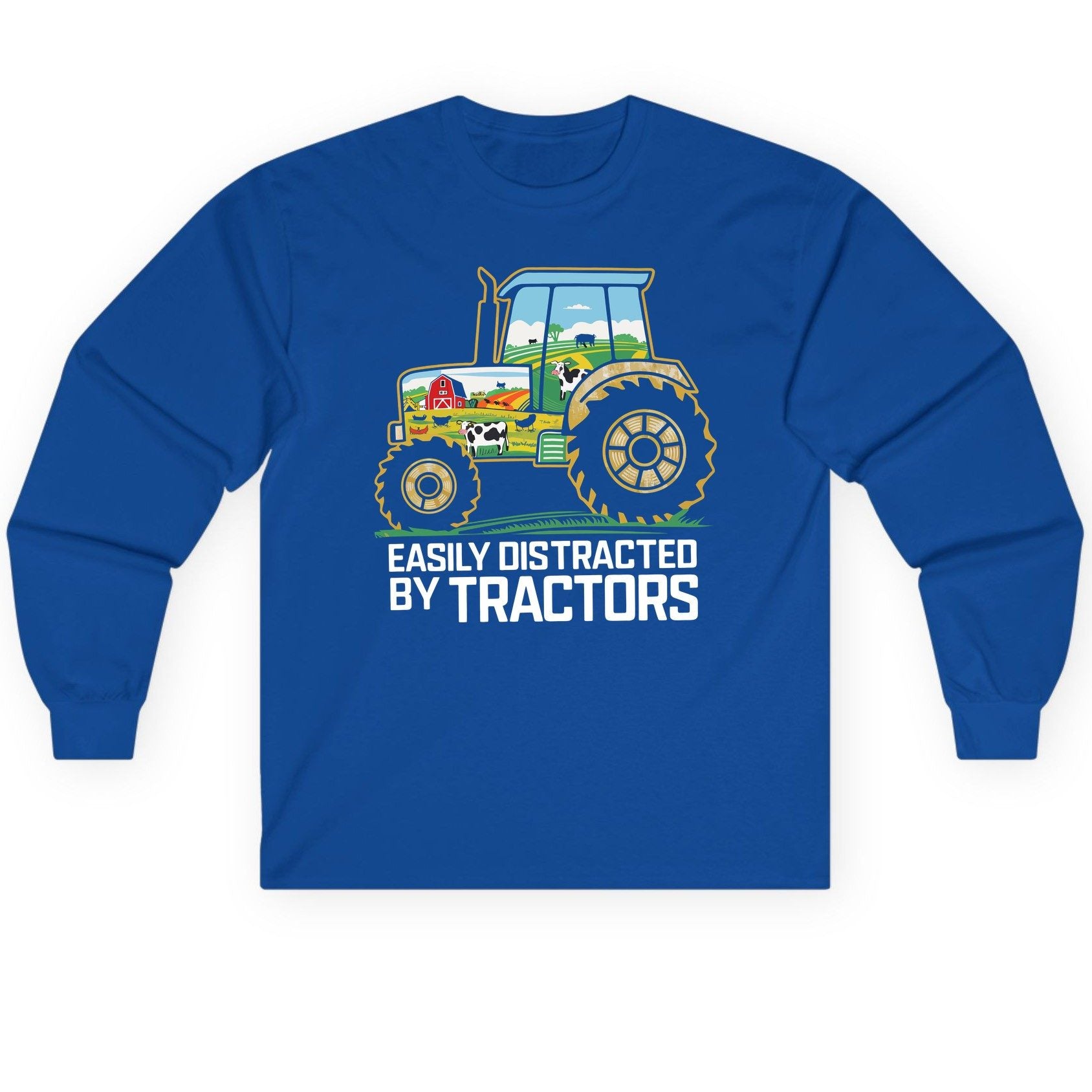 Easily Distracted by Tractors farming Long Sleeve Tee Royal product mockup