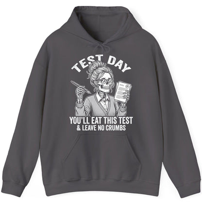 You'll Eat This Test & Leave No Crumbs Funny Day Hoodie - product mockup - Charcoal