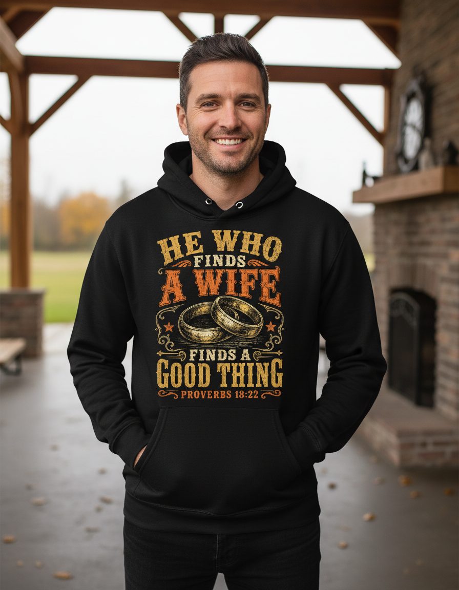 He Who Finds a Wife Finds a Good Thing Proverbs 18 22 Hoodie - lifestyle model mockup - Black
