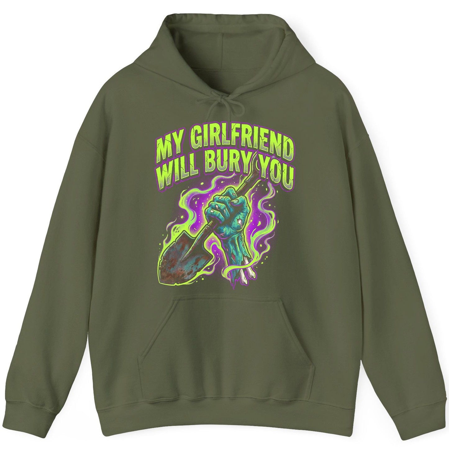 My Girlfriend Will Bury You zombie Hoodie Military Green product mockup