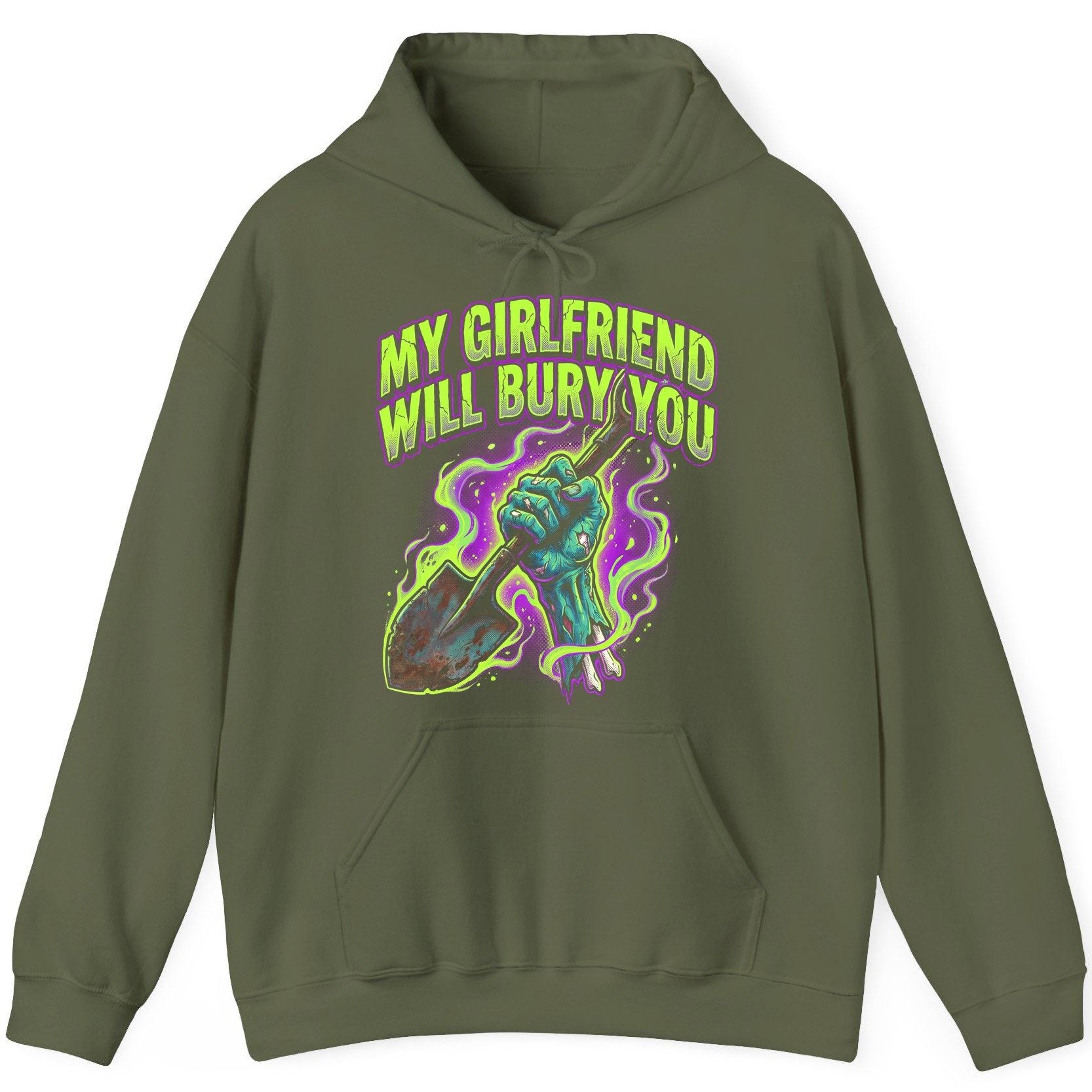 My Girlfriend Will Bury You zombie Hoodie Military Green product mockup