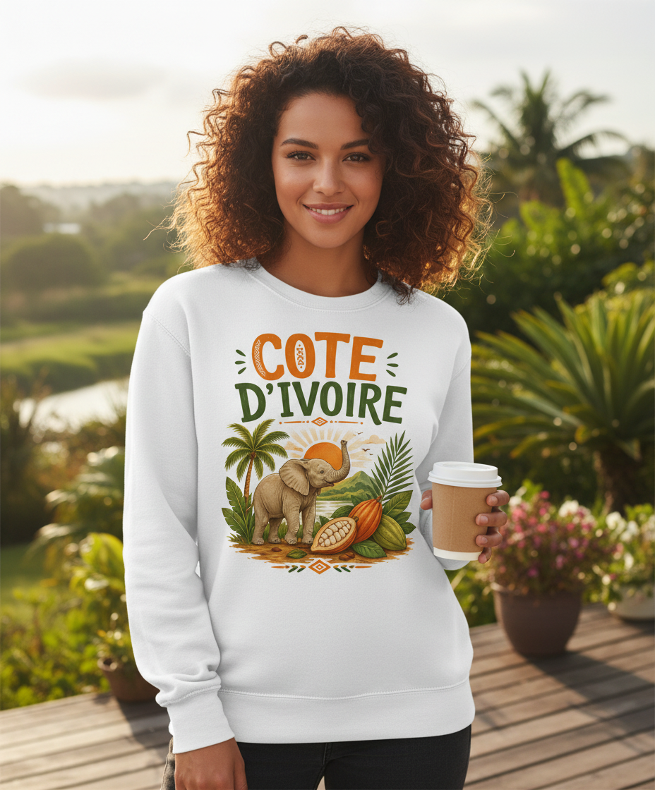 Cote D'Ivoire Elephant Travel Art Sweatshirt - lifestyle model mockup - White