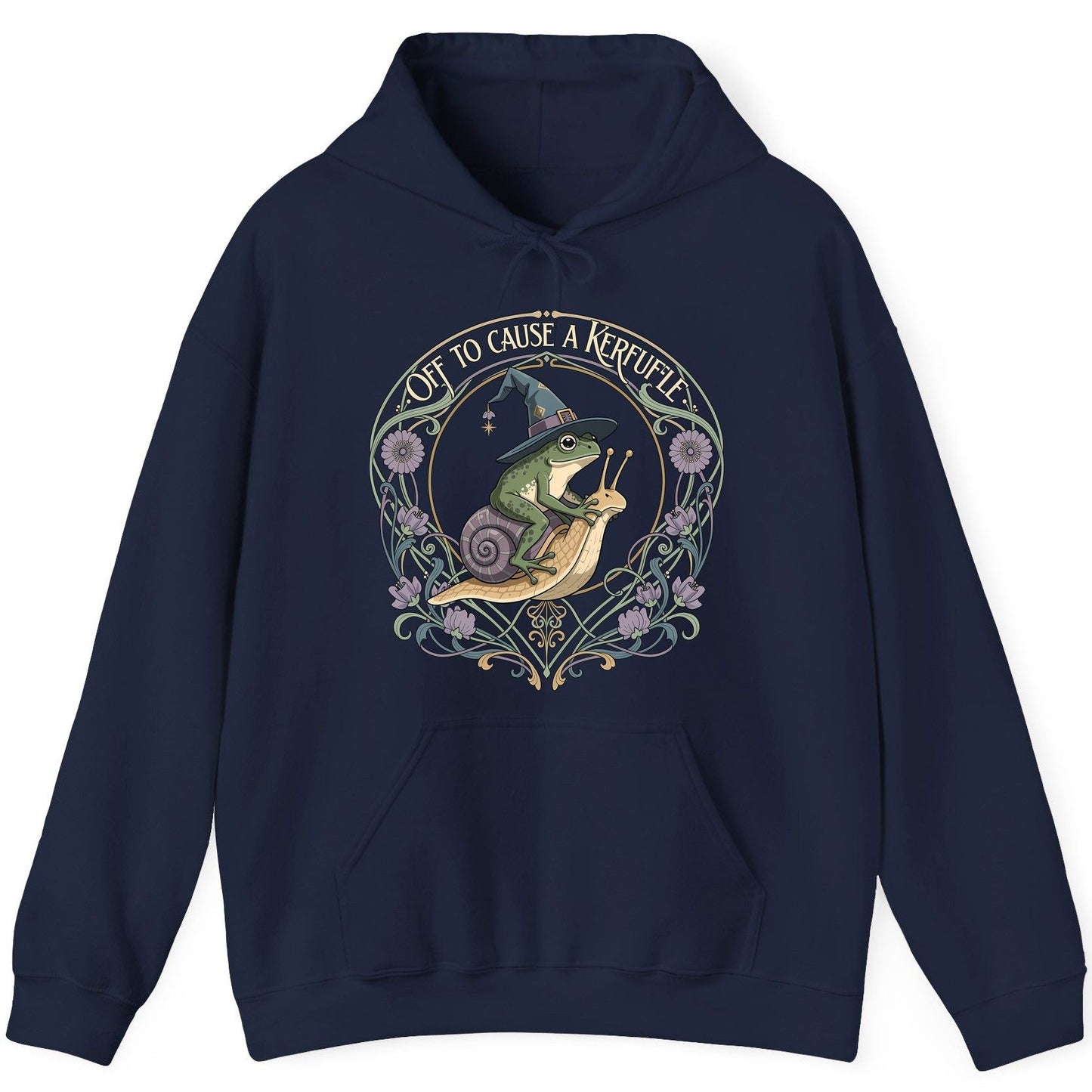 Off to Cause a Kerfuffle frog riding a snail Hoodie Navy product mockup