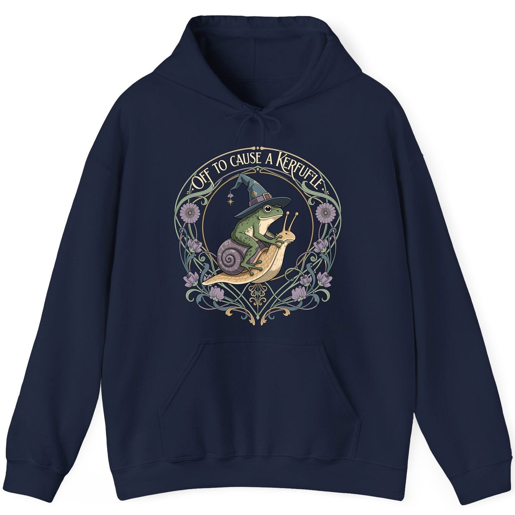 Off to Cause a Kerfuffle frog riding a snail Hoodie Navy product mockup