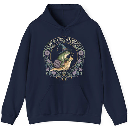 Off to Cause a Kerfuffle frog riding a snail Hoodie Navy product mockup